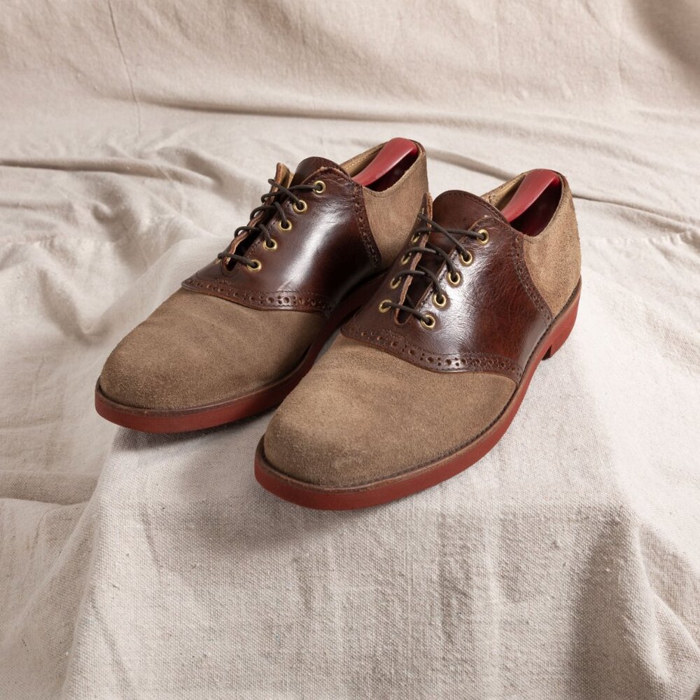 Vintage 90s Cole Haan Suede Saddle Oxford Brogue Shoes Tan Brown 10M Prep Trad - Picture 3 of 13